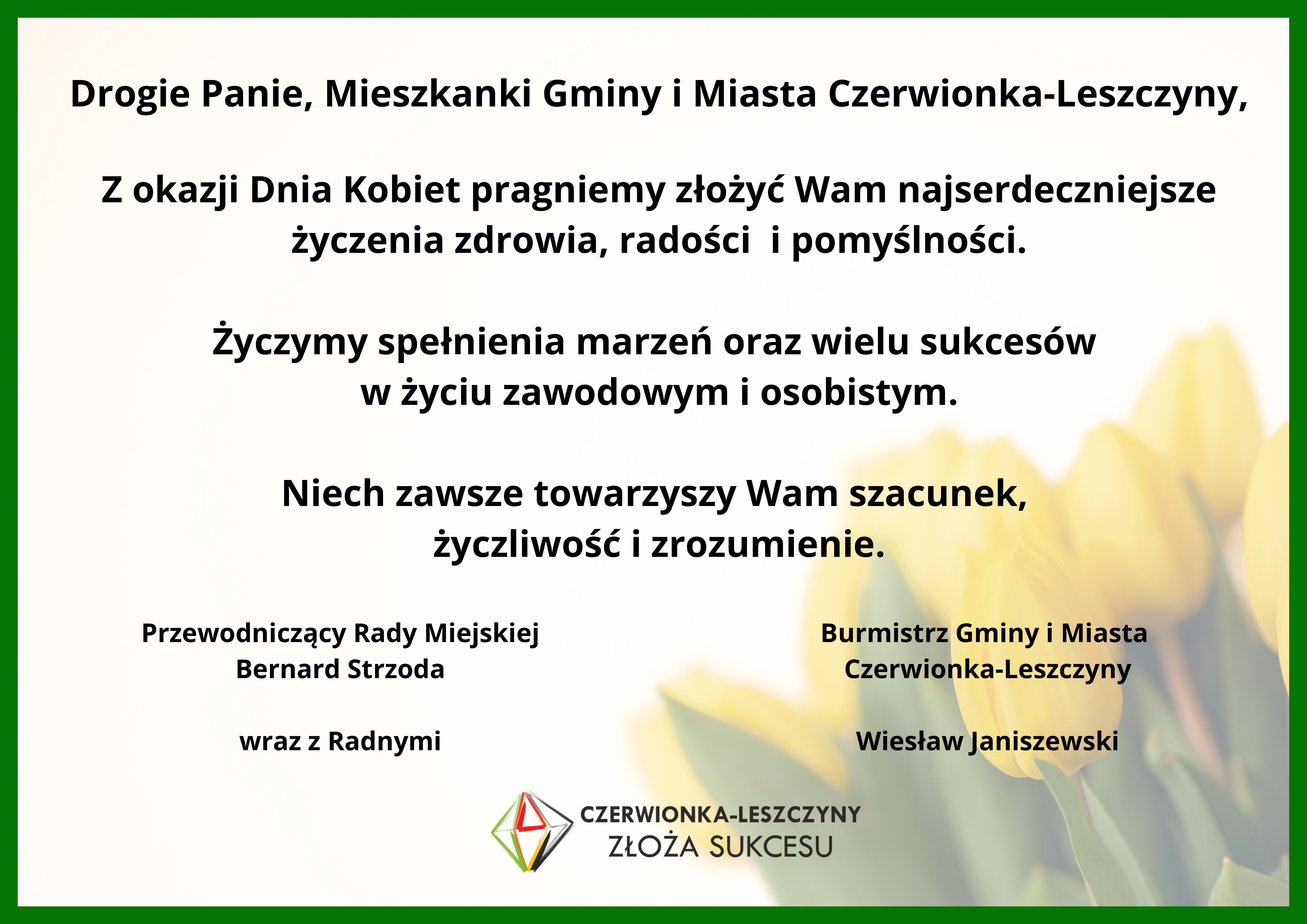 Życzenia Burmistrza Gminy i Miasta Czerwionka-Leszczyny oraz Przewodniczącego Rady Miejskiej z okazji Dnia Kobiet